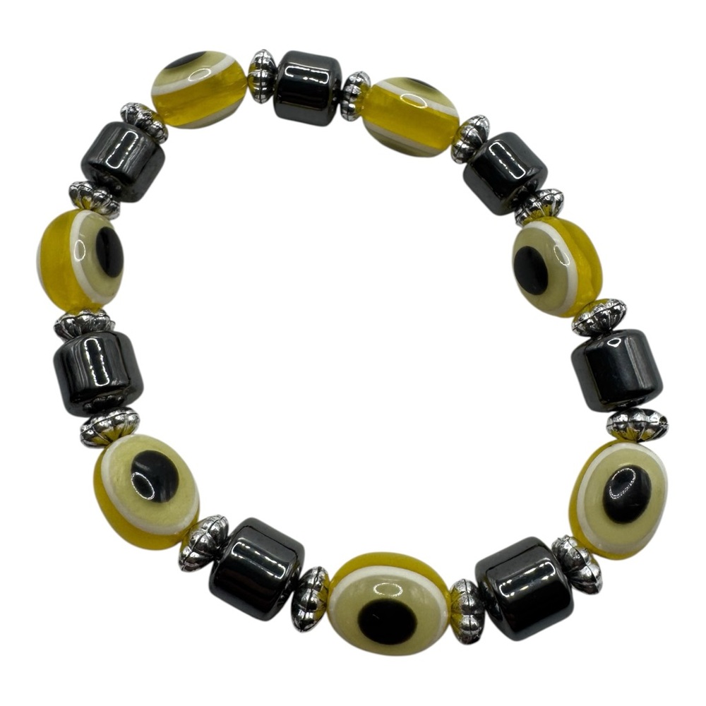 Yellow Evil Eye Stretch Bracelet with Black & Silver Beads – Unisex‎